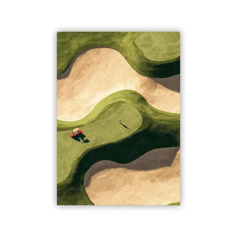 Minimalist vintage golfers wall art canvas print featuring rolling hills in muted olive green and beige tones.