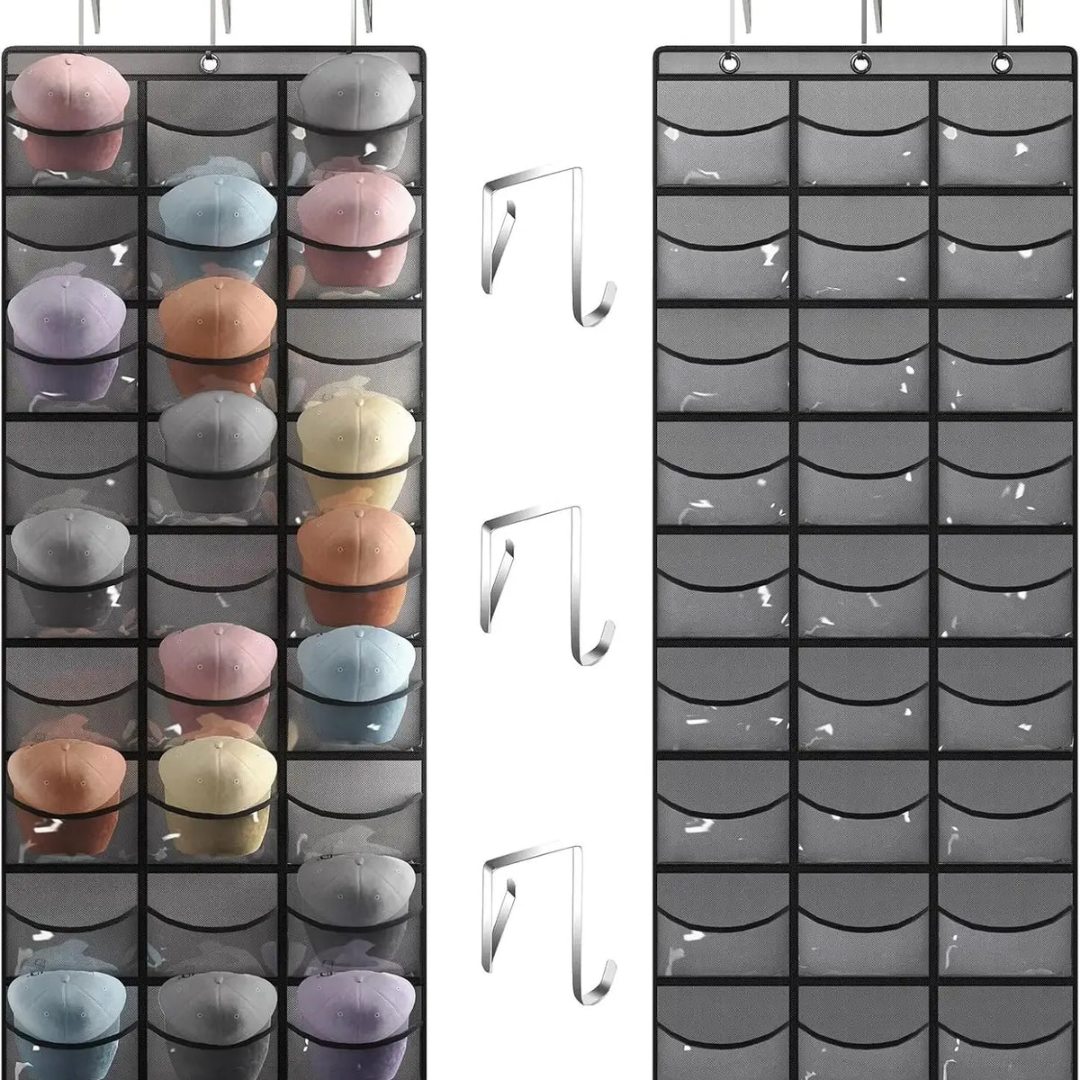 A set of 27 clear door hat organizers with various colored hats displayed in a grid format.
