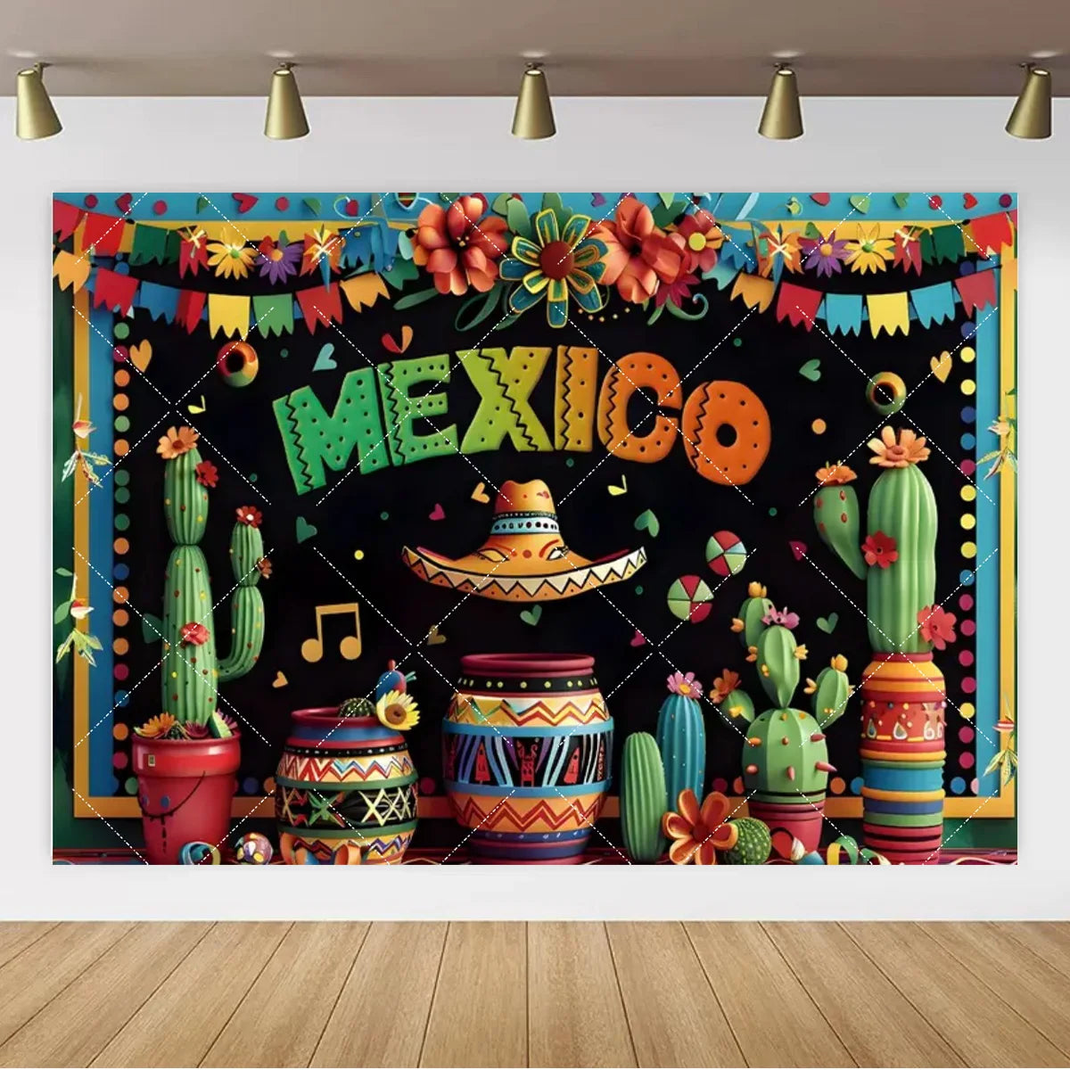 A vibrant Mexico themed backdrop banner featuring cacti, colorful flowers, and festive bunting.
