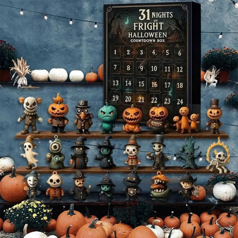 A box of 31 nights of fright Halloween advent calendar featuring various spooky and carved pumpkin figurines.