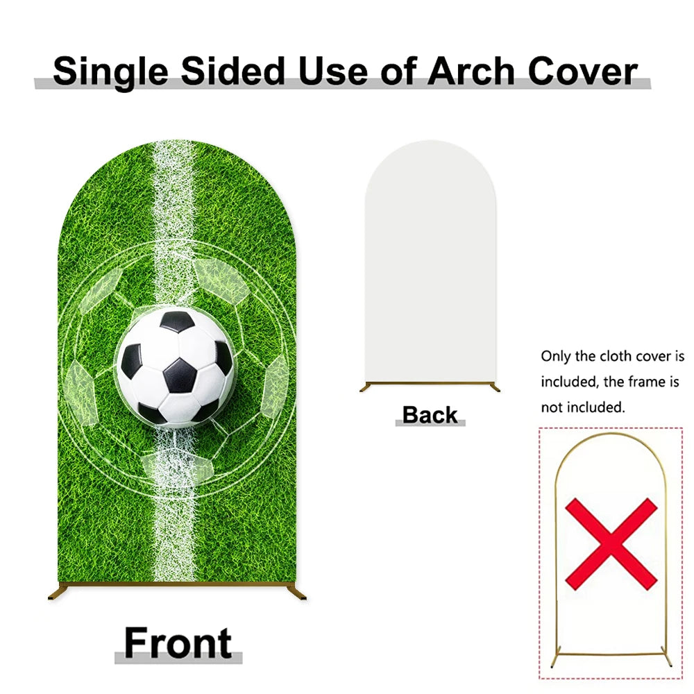 Single sided arch cover for a soccer football field backdrop, showing the front and back views.