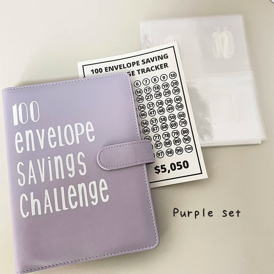 A purple 100 envelope savings challenge binder with a tracker card and numbered pockets.