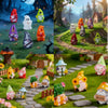 A collection of Halloween witch mini dwarf resin figurines in various colors and sizes displayed outdoors on a garden path.