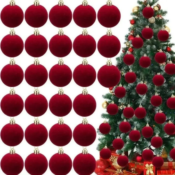A set of 24 glossy red velvet Christmas ball ornaments hanging on a green fir tree.