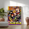 A vertical poster featuring characters from Jujutsu Kaisen anime in vibrant colors and dynamic poses.