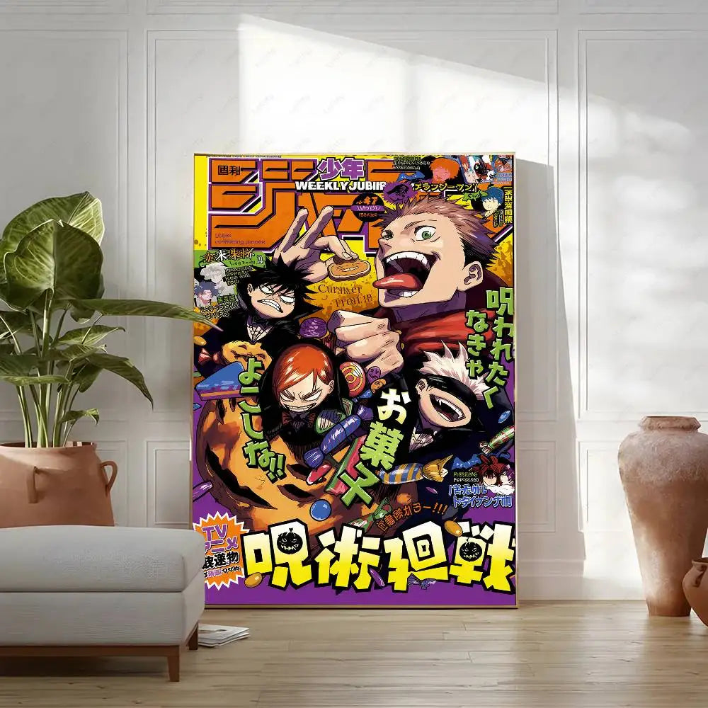 A vertical poster featuring characters from Jujutsu Kaisen anime in vibrant colors and dynamic poses.