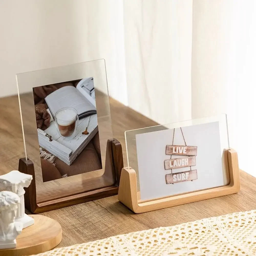 A walnut wood and acrylic photo frame displaying the text LIVE LAUGH SURE on a wooden surface.