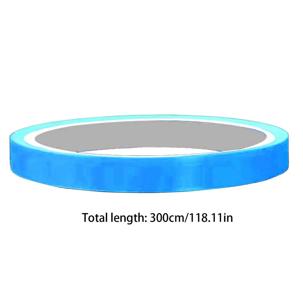 A roll of blue glow-in-the-dark safety warning tape with a silver center, measuring 300cm or 118.11in.
