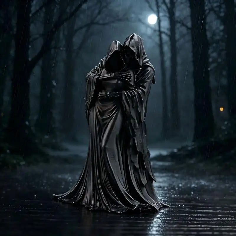 Statue eines gotischen Toten-Reapers-Paares, das in einer dunklen, regnerischen Waldszene umarmt.