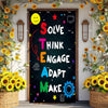 A dark chalkboard door banner decorated with colorful text and icons encouraging students to solve, think, engage, adapt, and