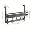 A silver over-the-door organizer rack with multiple tiers and hanging hooks.