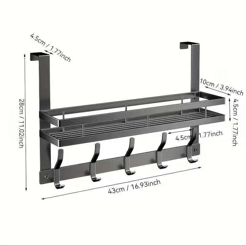 A silver over-the-door organizer rack with multiple tiers and hanging hooks.