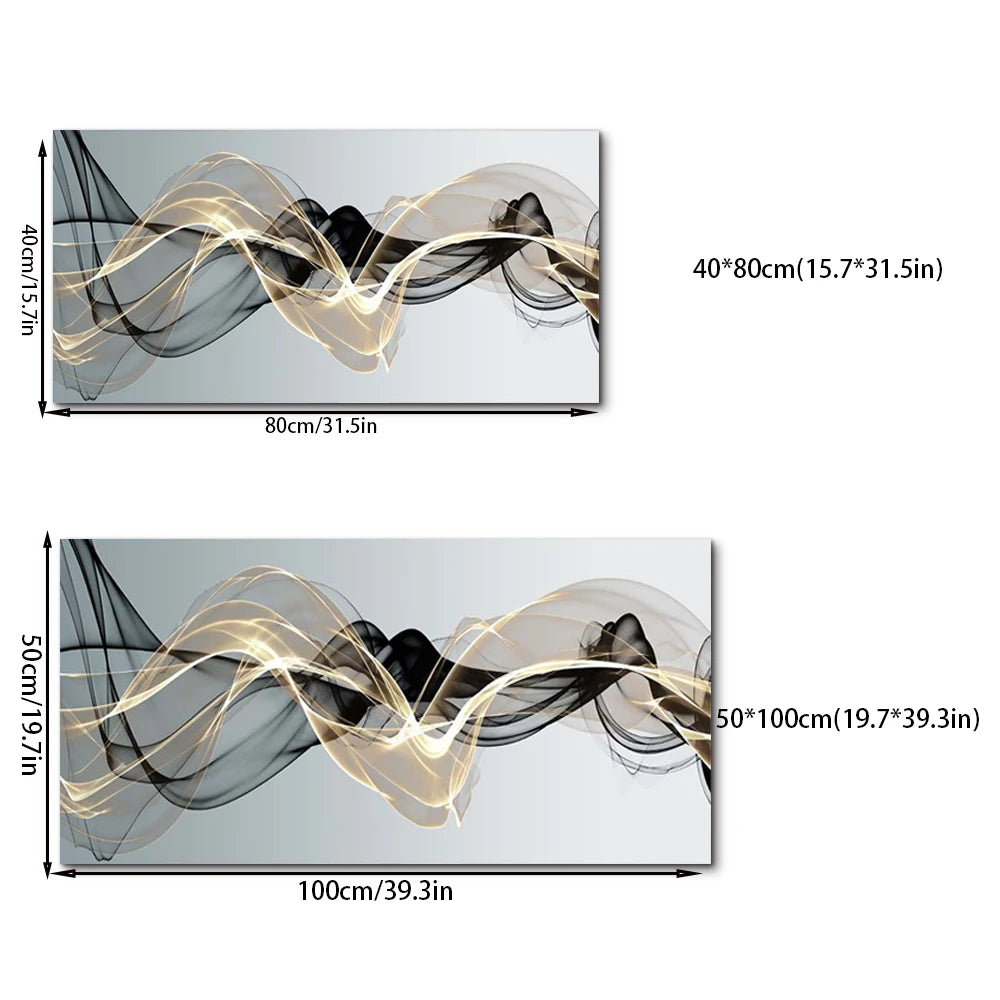 Abstract wall art featuring flowing golden ribbon lines on a dark gray background