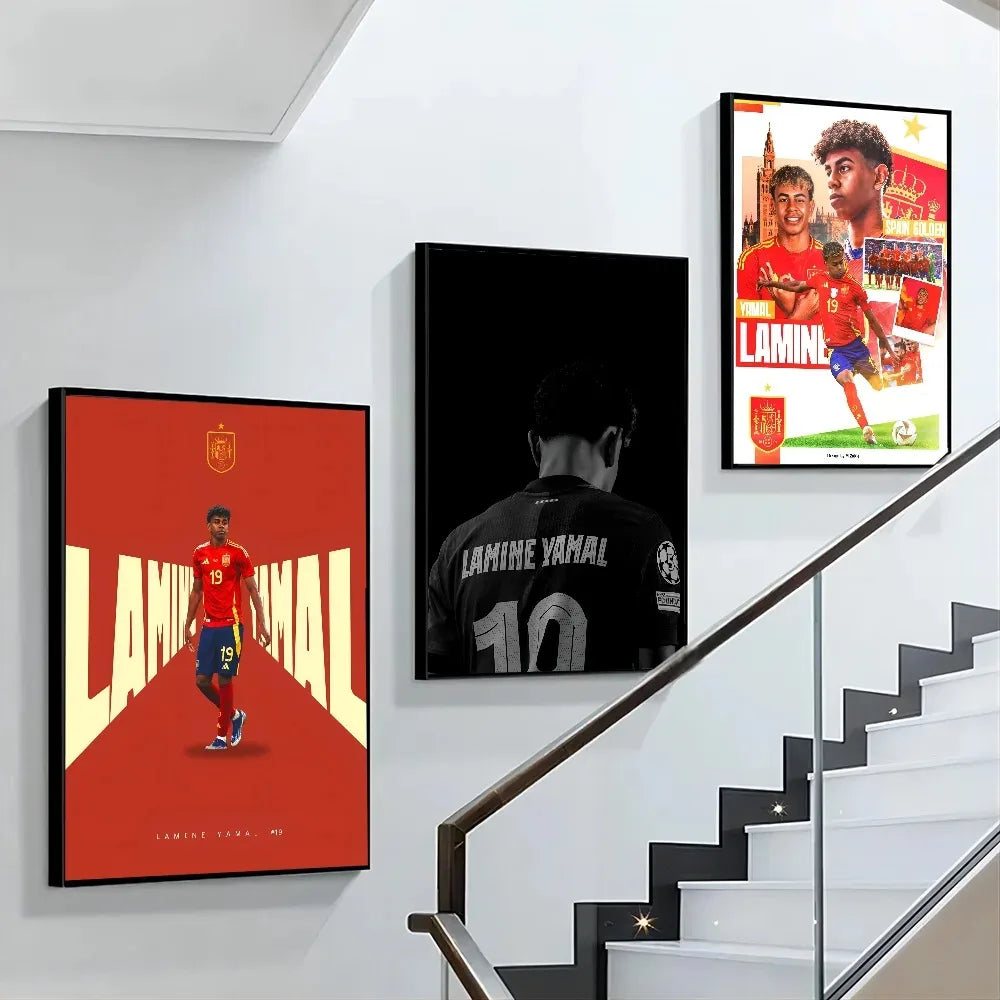 A set of three canvas wall art prints featuring Lamine Yamal and football players in various poses.