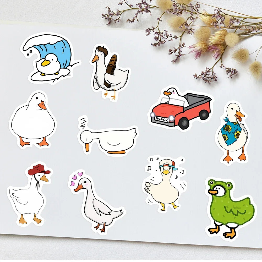 A collection of funny cartoon duck and goose decals on a white background.