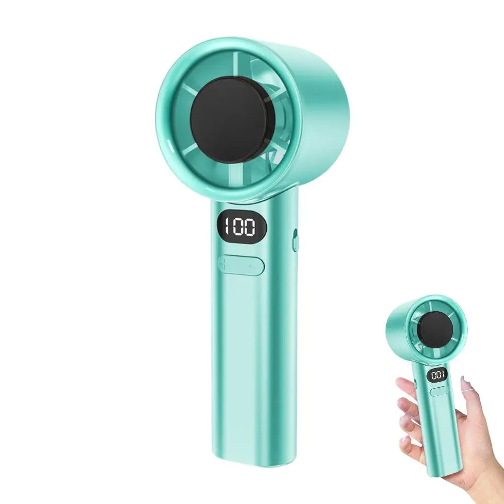 A teal portable rechargeable handheld fan with a round grille and digital speed control display.
