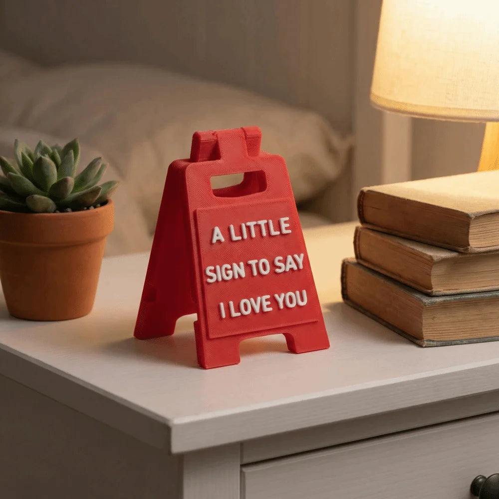 A red 3D printed letter sign ornament shaped like a house that reads a little sign to say I love you