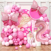 A pink and white balloon garland arch kit featuring numerous balloons in various shades of pink and white.