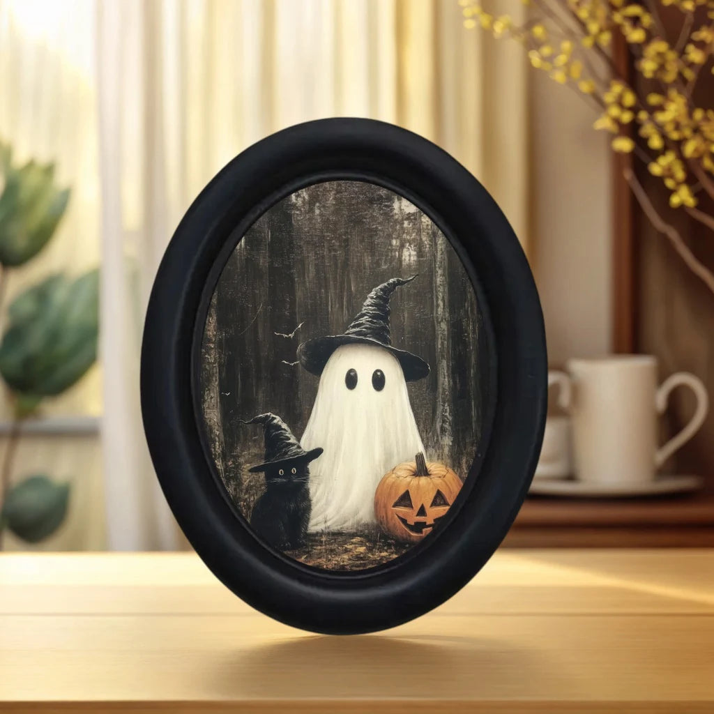 Vintage wall art featuring a white ghost and a black cat inside a round black frame.