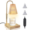 Elegant gold lamp with a glass shade and a candle warmer base, showing various light settings.