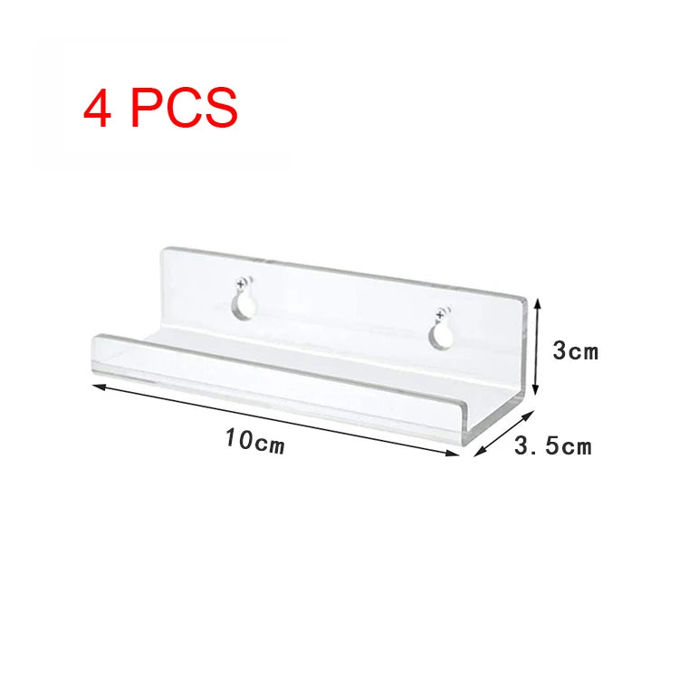 Four clear acrylic floating record shelves with hooks and measurements shown.