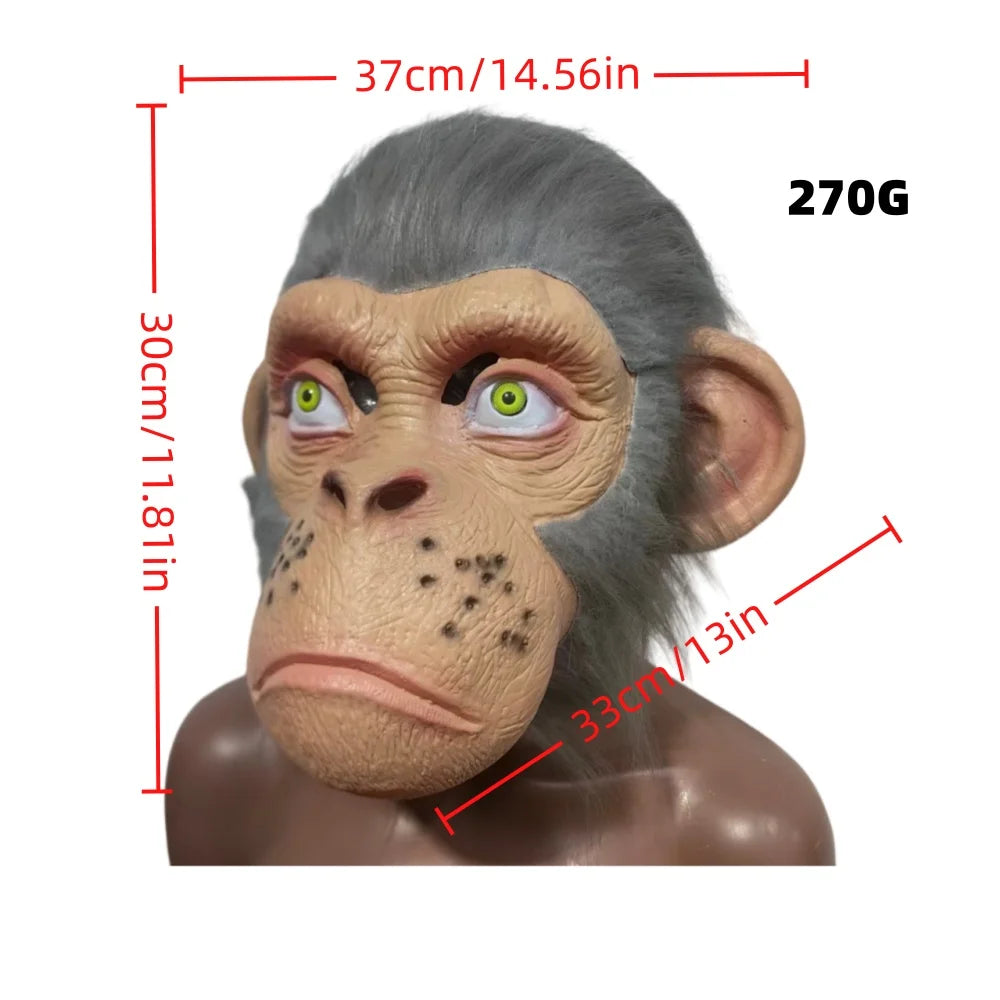 A realistic chimpanzee latex mask with gray fur and green eyes, shown against a white background.