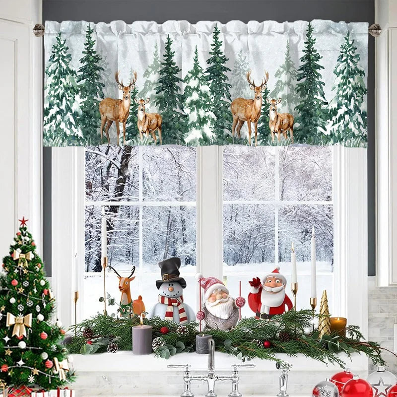 Festive Christmas valance curtains featuring deer and evergreen trees over a window with holiday decorations
