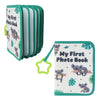 A green and white photo book with a lime green strap featuring illustrations of pandas.
