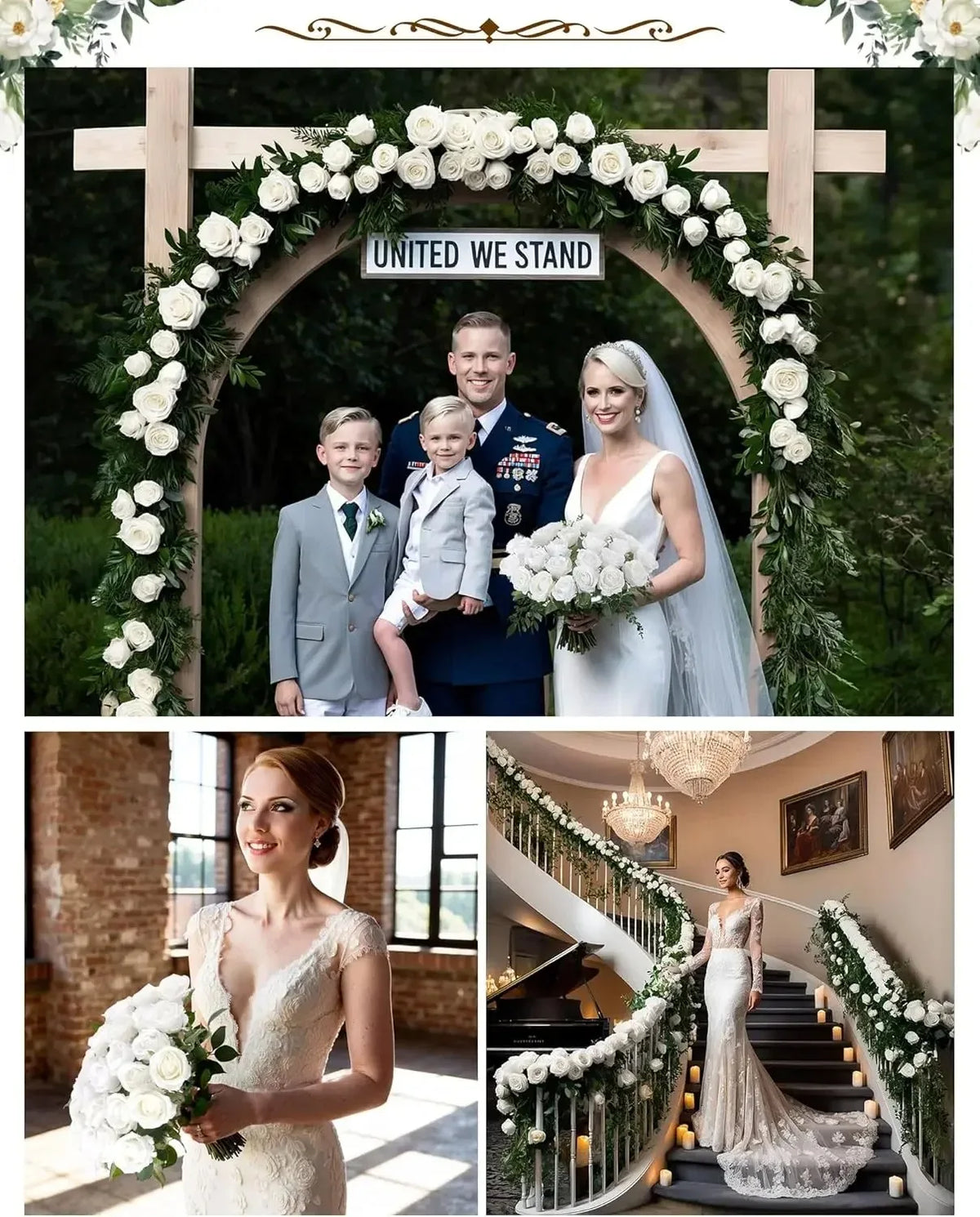 A bride and groom stand under a floral archway decorated with white roses and greenery.