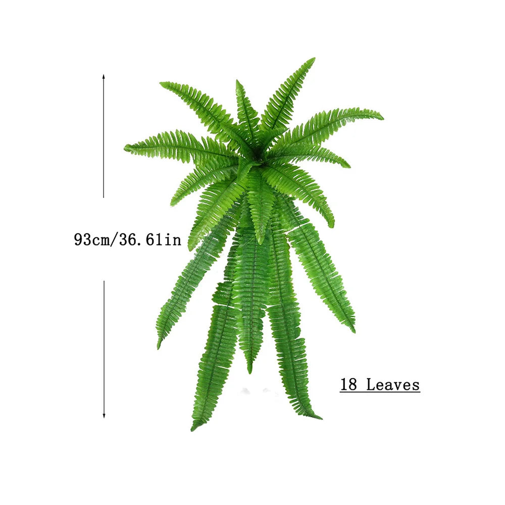 A vibrant artificial Persian fern hanging vine with 18 green leaves shown against a white background.