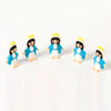 A set of five mini Maria religious desktop figurines with black hair, white bodies, and blue outfits and yellow hair.