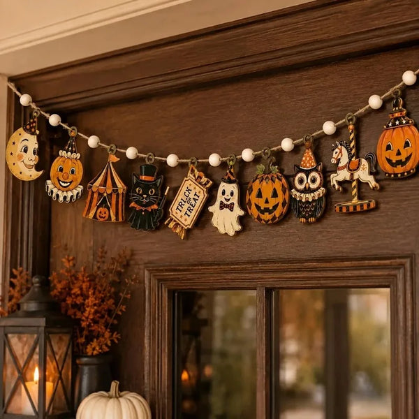 Vintage Halloween wooden hanging garland featuring retro pumpkin, ghost, and cat beads displayed on a dark brown wall.