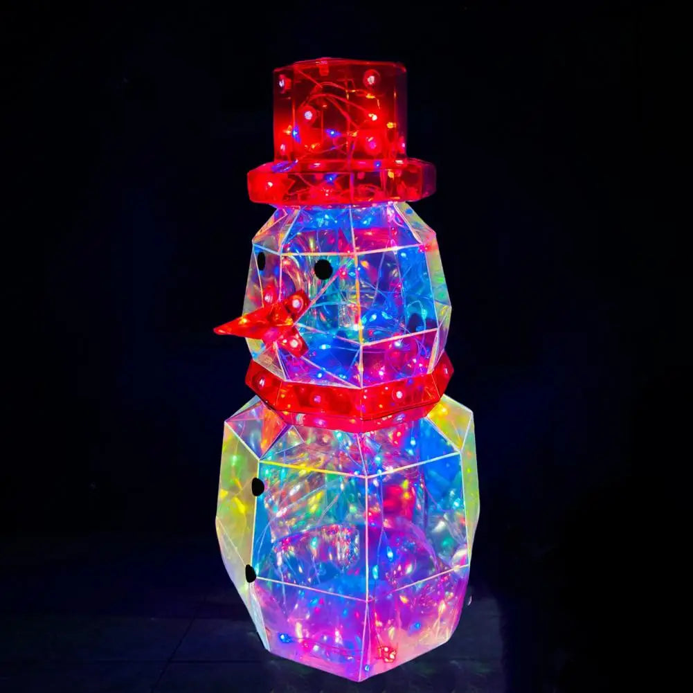 A brightly lit prismatic LED snowman decoration with glowing red and blue lights.