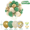 A collection of 52 metallic pearl and confetti accent balloons in shades of gold, green, and white.