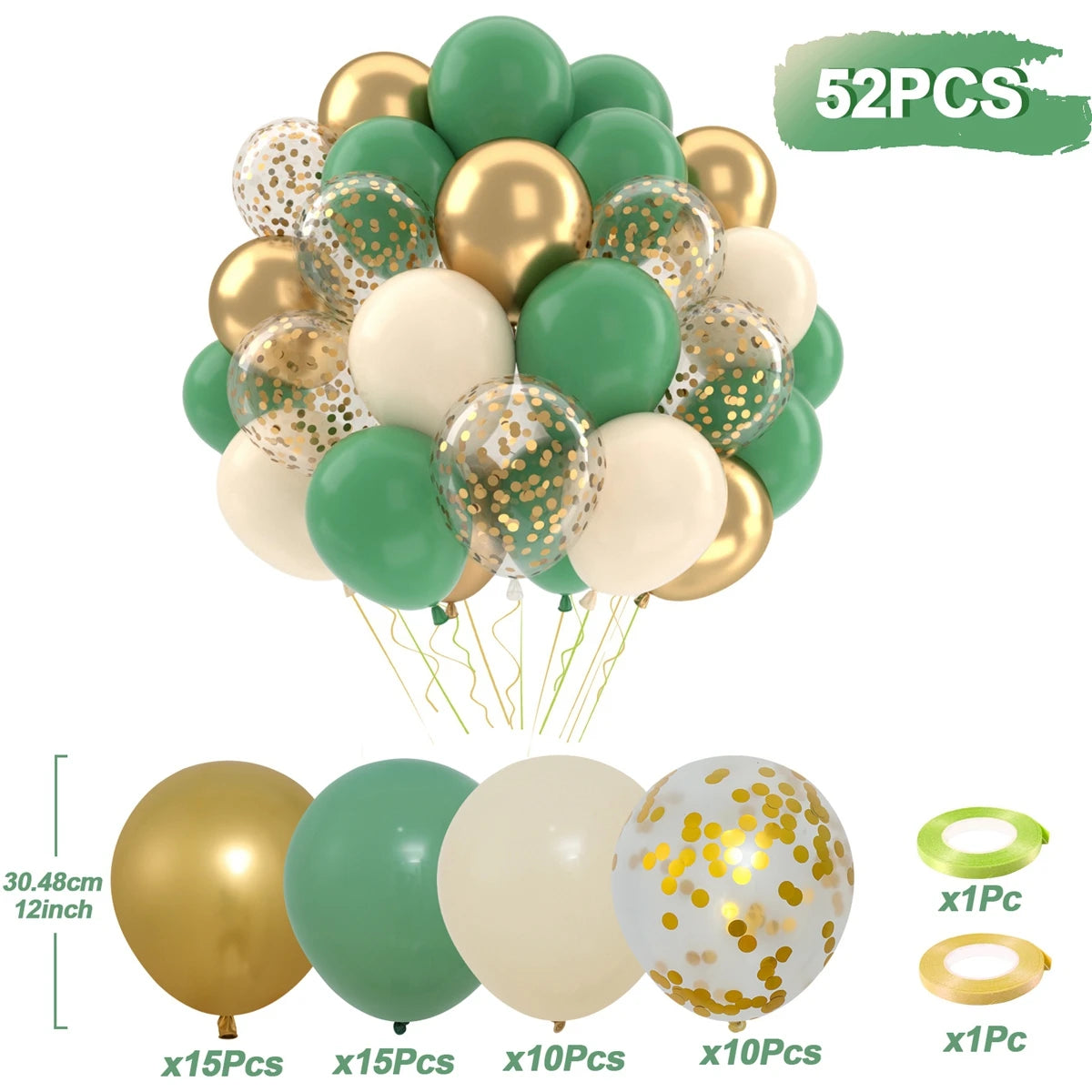 A collection of 52 metallic pearl and confetti accent balloons in shades of gold, green, and white.