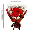 A bouquet of handcrafted red crochet roses in a white paper, tied with a black ribbon.