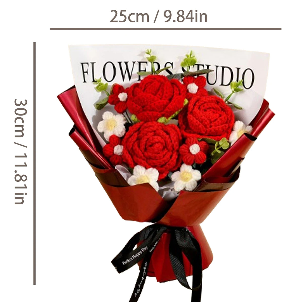 A bouquet of handcrafted red crochet roses in a white paper, tied with a black ribbon.