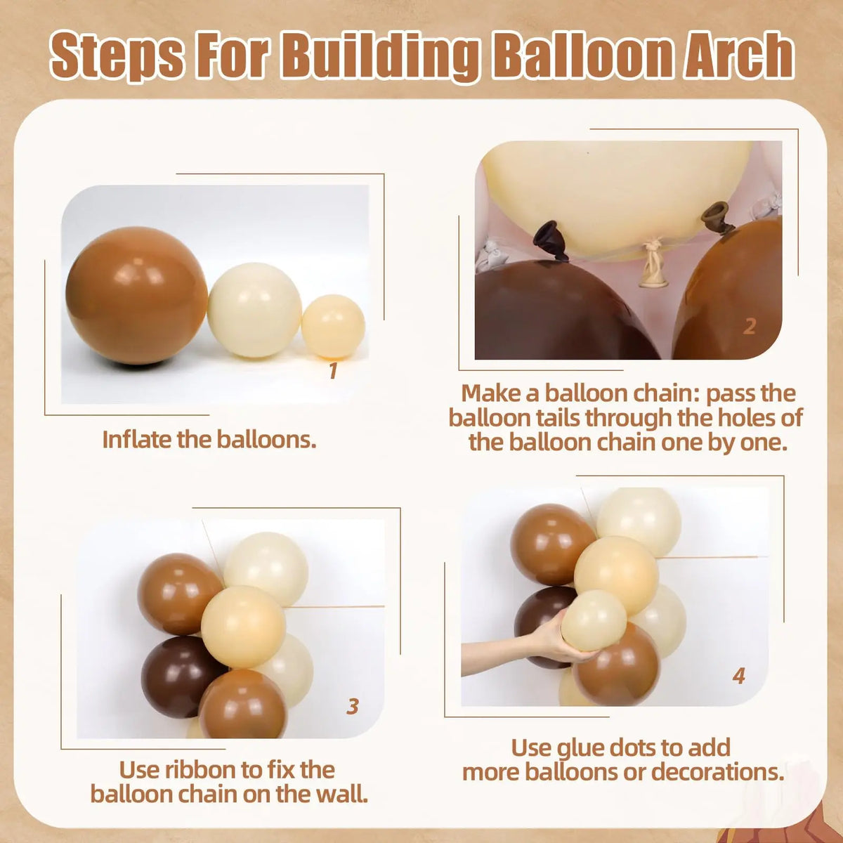 Instrucciones para construir un arco de globos, mostrando pasos para inflar, encadenar y usar puntos de pegamento.