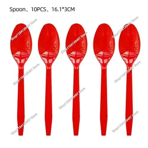A set of ten red acrylic cake toppers featuring various character designs.