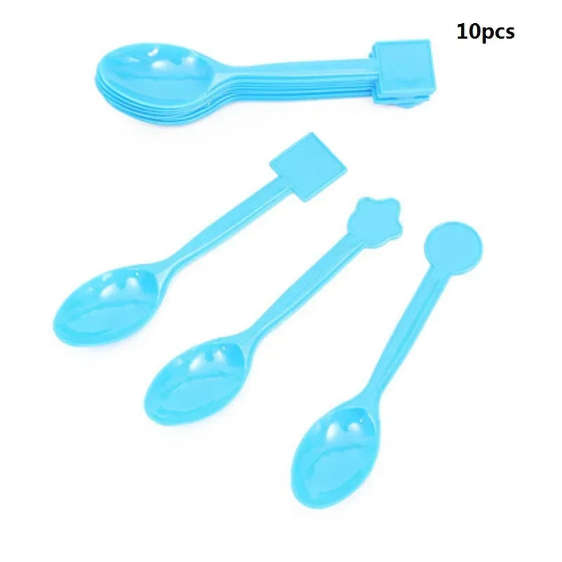 A set of 10 blue Minecraft-themed party supplies including a flag pulling cake topper and tableware.