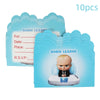 A set of 10 blue paper labels for a baby leader party decoration featuring a cartoon baby figure.