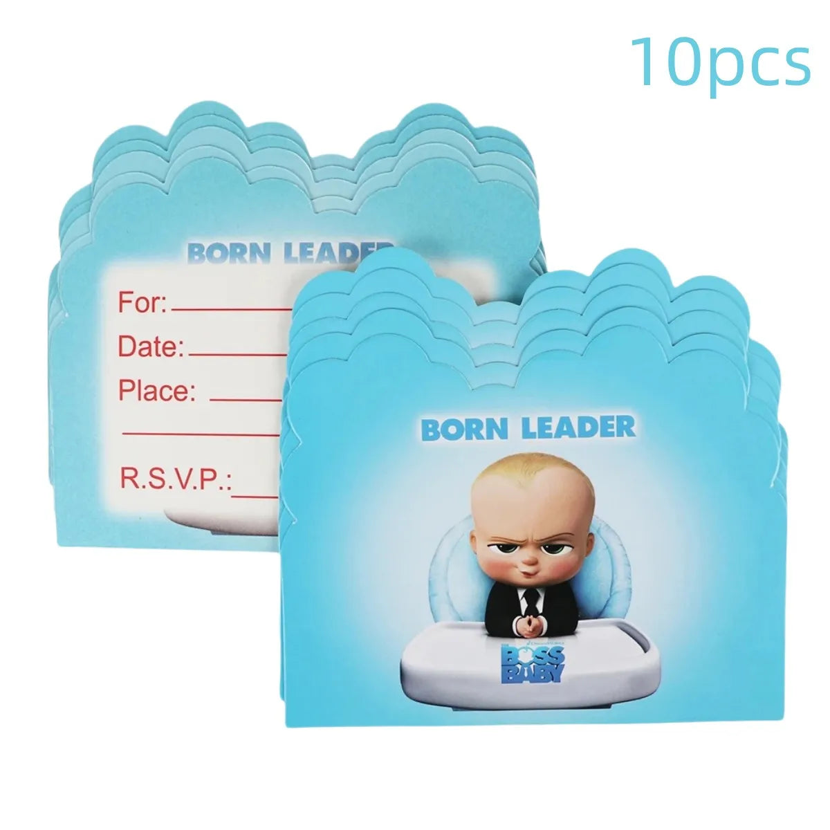 A set of 10 blue paper labels for a baby leader party decoration featuring a cartoon baby figure.