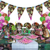 A birthday party supply set featuring balloons, plates, and cups with Masha and The Bear characters.