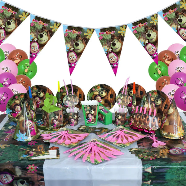 A birthday party supply set featuring balloons, plates, and cups with Masha and The Bear characters.