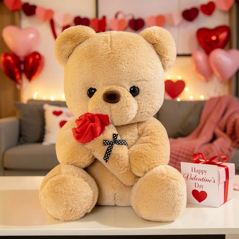 A fluffy beige bear plush toy holding a red rose, set against a background of pink and red hearts.