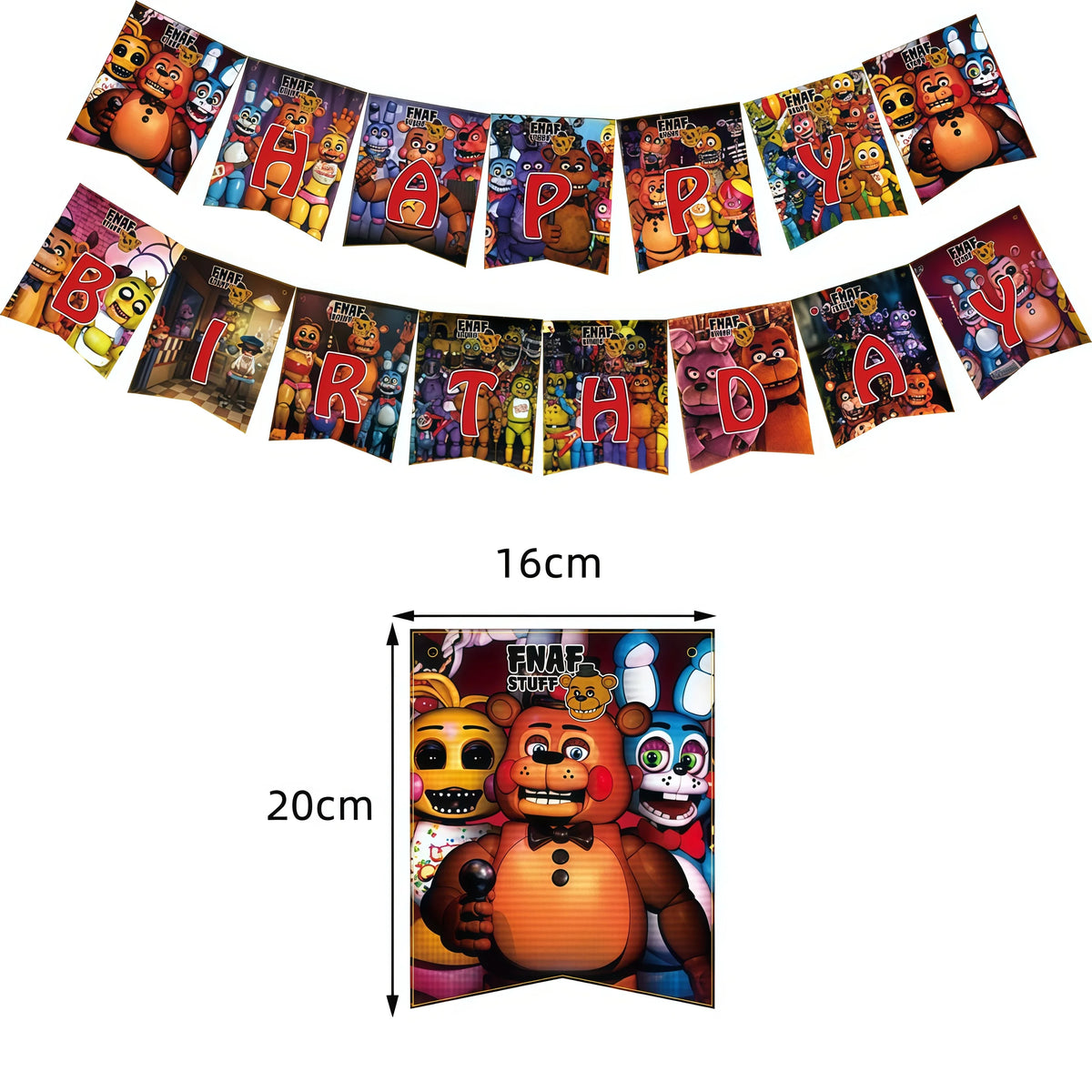 A banner featuring Five Nights at Freddy's characters celebrating a birthday party.