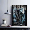 A black poster featuring Kurt Cobain and the word Nirvana in a distressed grunge style.