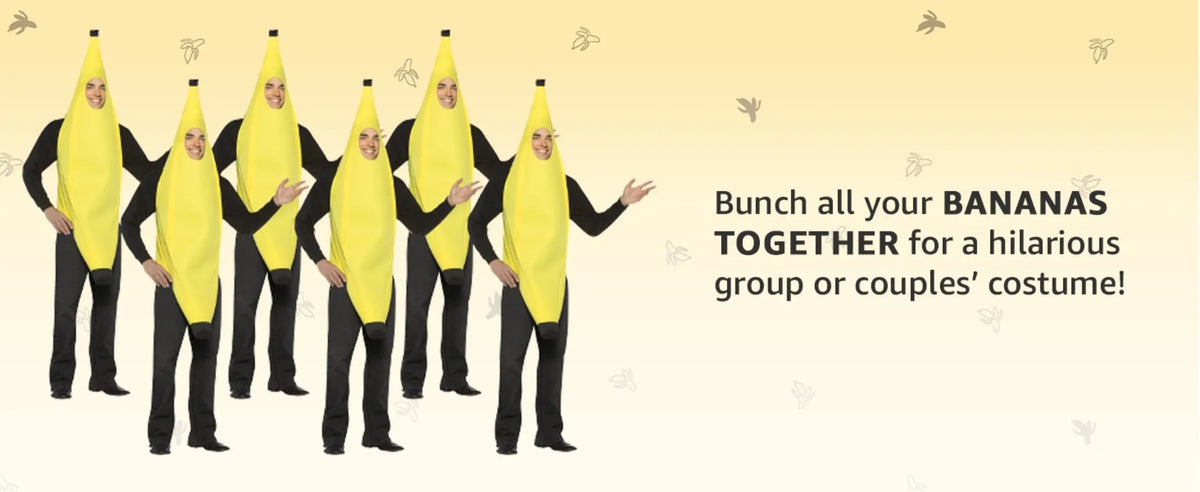A group of women dressed in yellow banana costumes posing together.