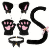 Black fuzzy cat paw gloves with pink pads and a decorative headband