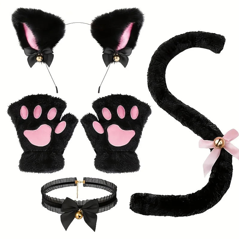 Black fuzzy cat paw gloves with pink pads and a decorative headband